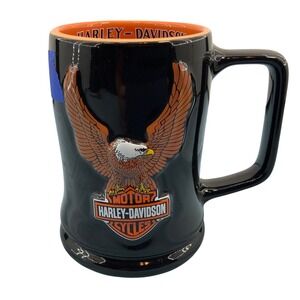 Harley-Davidson 2002 Eagle 3D Relief Ceramic Coffee Mug Black Orange Logo 5in